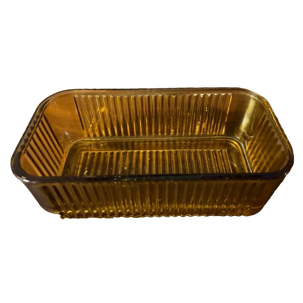 Vintage Amber Glass Rectangular Refrigerator Dish Ribbed Utility Container 8
